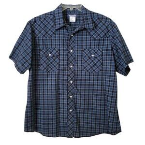 Wrangler Western Shirt Men XL Blue Plaid Pocket Snap Closure